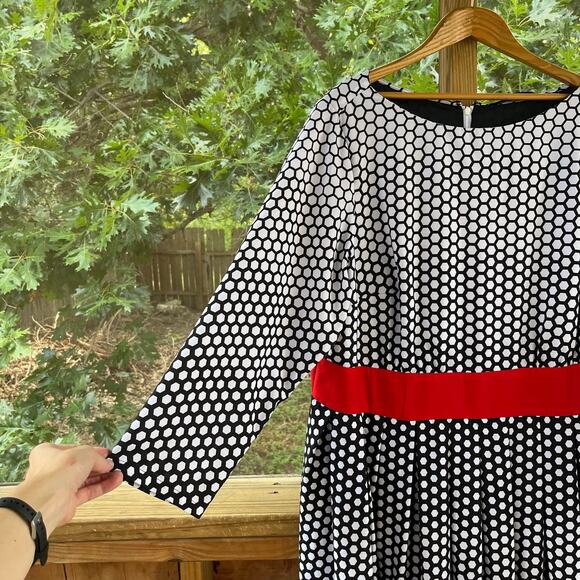 Elegant Black and White Polka Dot Dress with Red Accents - Picture 3 of 9